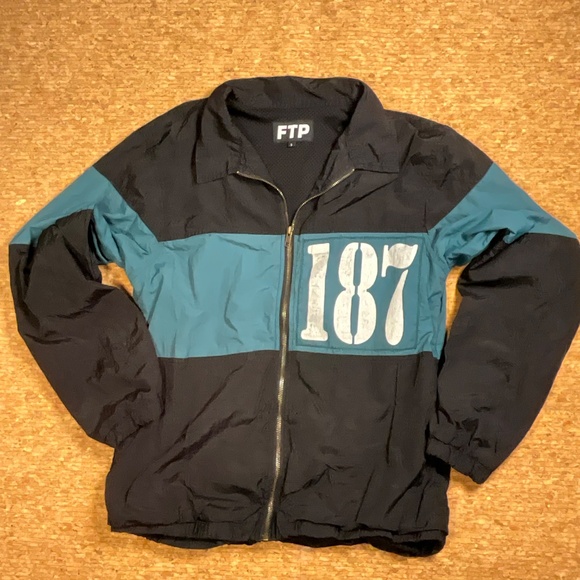 FTP 187 Streetwear Windbreaker Jacket Black Teal Zip Small Rare - Picture 14 of 16